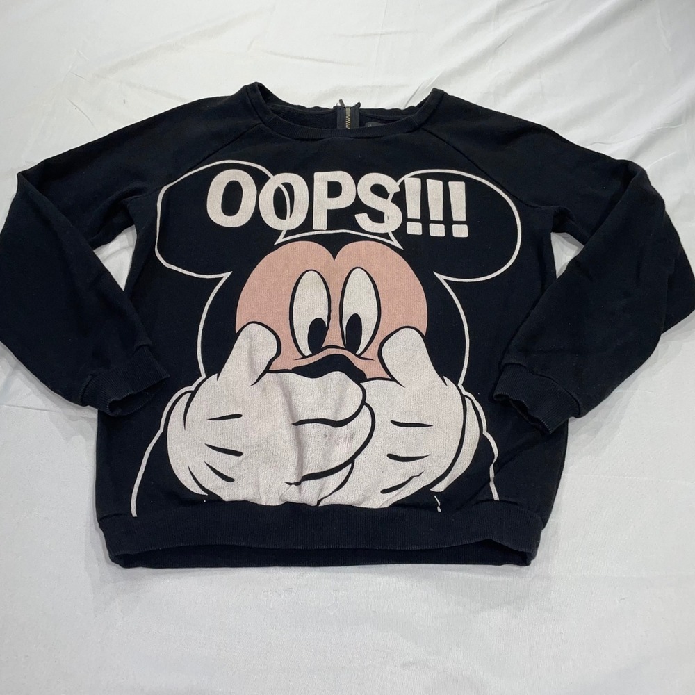 Bershka Disney Mickey Mouse Oops Graphic Sweatshirt Black Raglan Back Zip Small